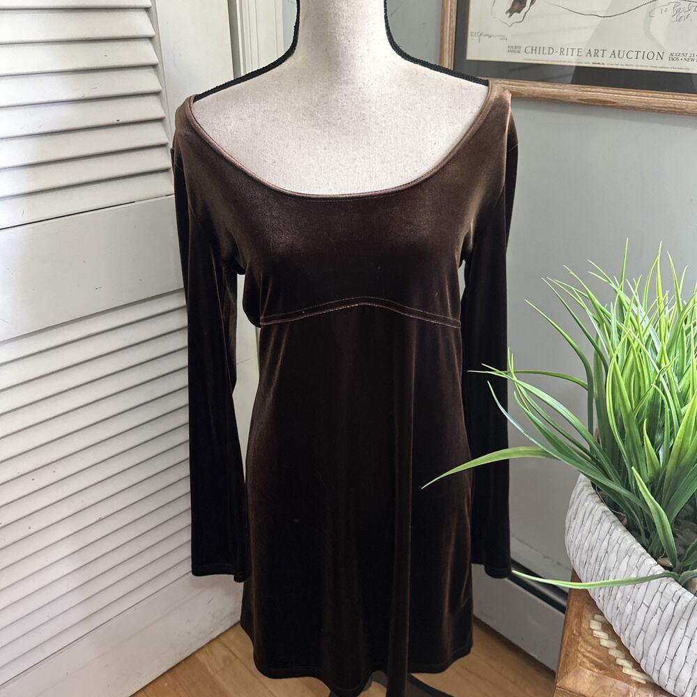 Vintage Express Dress Womens 9/10 Brown Velvet Mini Babydoll Y2K Indie Grunge